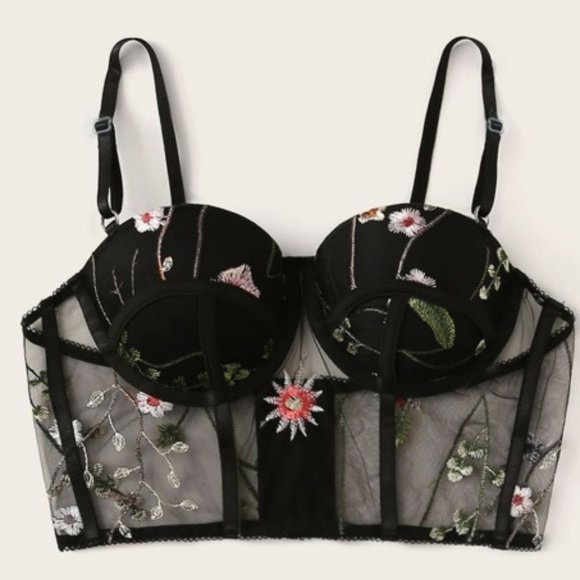 Floral Embroidery Mesh Underwire Lingerie Set - Picture 5 of 7